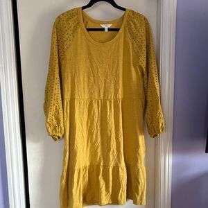 Time and Tru Mustard Eyelet Sleeve Tiered Dress
